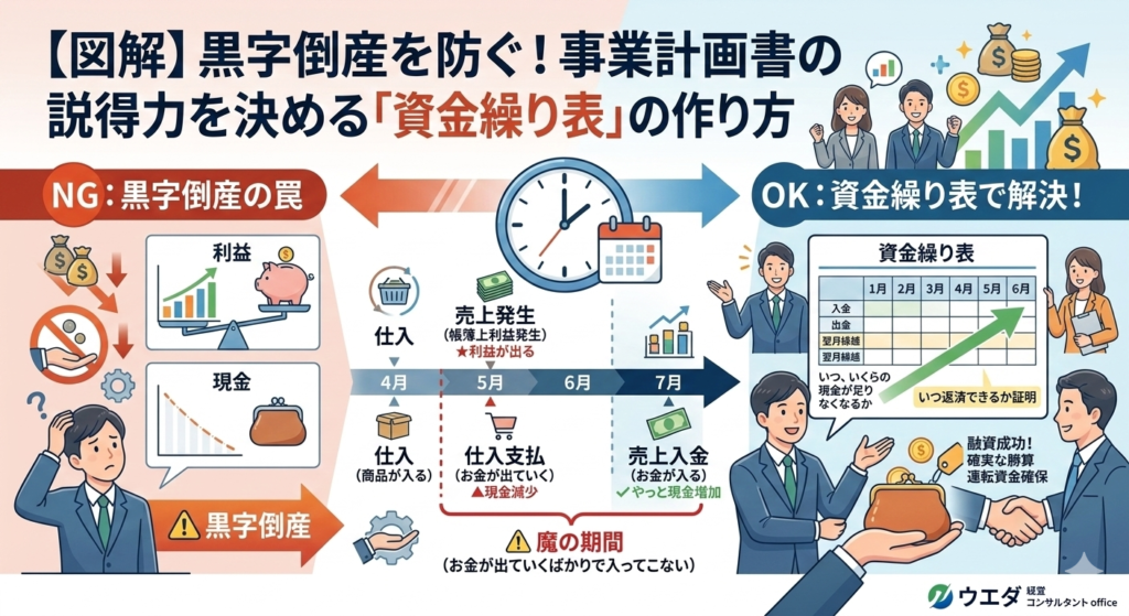 黒字倒産を防ぐ!事業計画書の説得力を決める「資金繰り表」の作り方